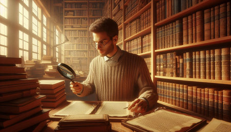 Young man studying in the library. Education concept. 3d rendering