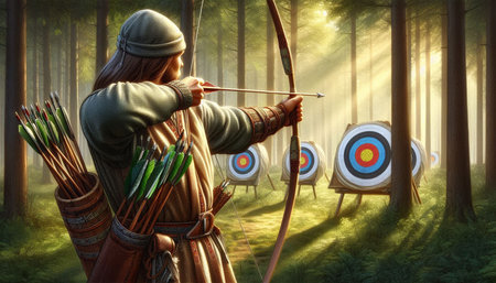 Archery archer with arrows in the forest. 3d render
