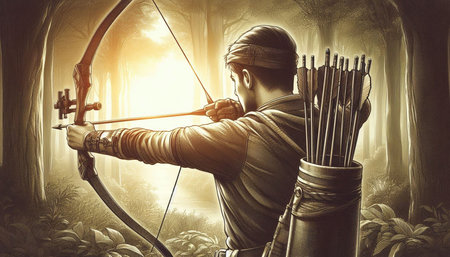 Archer with bow and arrow in his hand. 3D renderingの写真素材