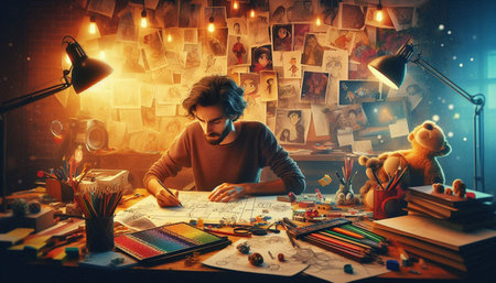 Young man in casual clothes sitting at the table and working on his project