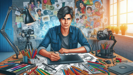 Portrait of a graphic designer working on a digital tablet in his office.