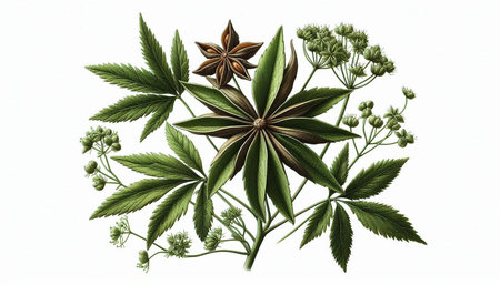 Cannabis leaves and flowers isolated on white background, illustration.