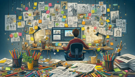 Illustration of a boy sitting at his desk in front of a computer