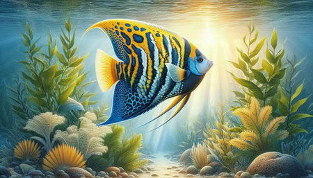 Underwater scene with tropical fish and seaweed. 3d illustration