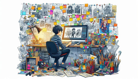 Hand drawn illustration of a painter sitting at his desk in front of the computer.