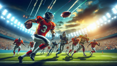 American football players in action at stadium. Mixed media. Mixed media