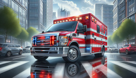 Ambulance on the road with cityscape background. 3d rendering