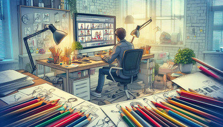 Designer working at his desk in his office. 3D rendering