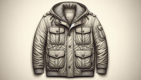 Men's winter jacket with a hood on a light background. Toned.