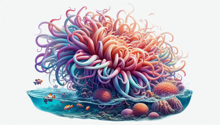 3d illustration of a colorful coral reef with fish and seaweedの写真素材