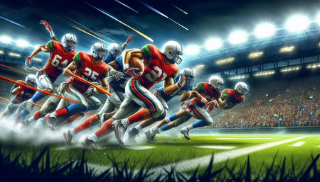 American football players in action at stadium. 3d render illustration.