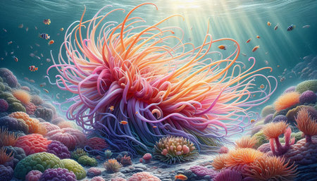 3D illustration of anemone and tropical fish in the oceanの写真素材