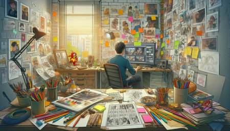 Designer sitting at the table and drawing with pencils in his studio.
