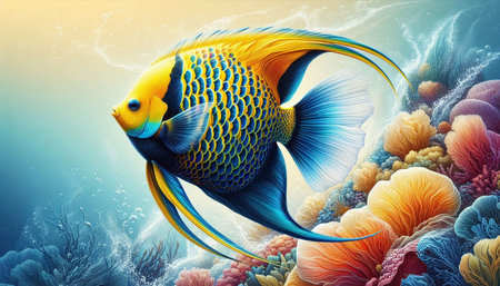 Colorful tropical fish on a coral reef. 3D illustration.