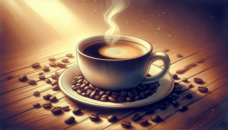 Coffee cup and coffee beans on a wooden table with rays of light