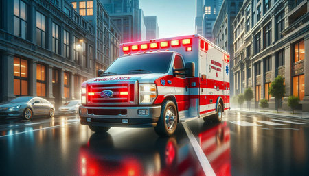 Ambulance on the road in the city. 3d rendering