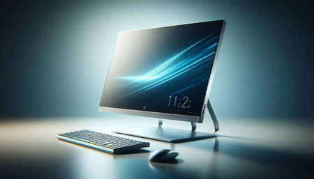 Computer monitor with keyboard and mouse on dark background. 3D rendering