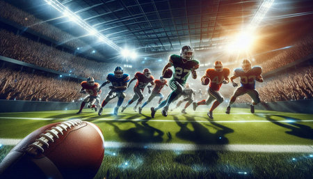 American football players against rugby stadium with lights and flares 3D rendering