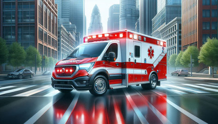 Ambulance on the road in the city. 3d rendering
