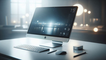 Side view of modern office desktop with blank computer screen. Mock up, 3D Rendering