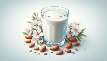 Glass of milk with almond nuts and cherry blossom on white backgroundの写真素材