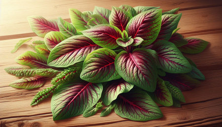 Caladium leaves on wooden background. Top view with copy space.