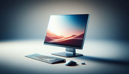 Computer monitor and computer keyboard on white background. 3D Rendering