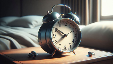 Alarm clock on a bed in the morning. Vintage style.