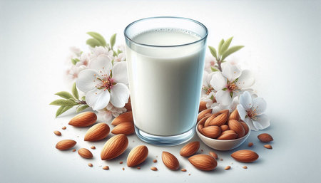 Glass of milk with almonds and cherry blossom on a white backgroundの写真素材