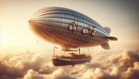 Airship in the clouds. 3D render. Vintage style.の写真素材