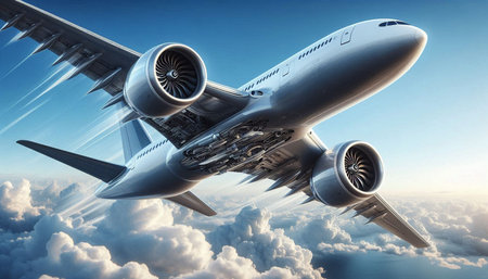 Airplane flying in the blue sky. 3d render illustration.
