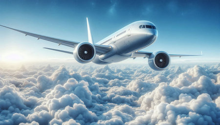 Airplane flying above the clouds. 3d render. Business travel concept