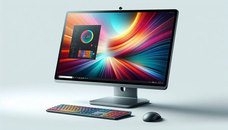 Computer monitor with colorful screen and keyboard on grey background. 3D rendering
