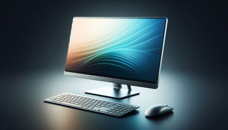 Computer monitor with keyboard and mouse on dark background. 3D rendering