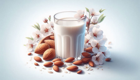 Almond milk in a glass with almonds and flowers on a white backgroundの写真素材