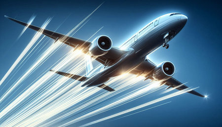 Airplane flying high in the blue sky. 3D rendering.