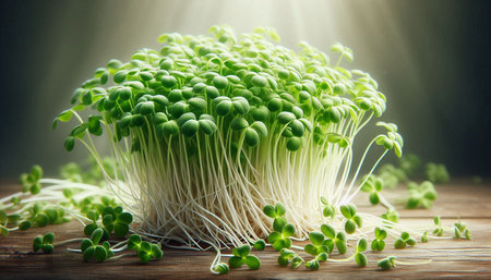 Microgreen sprouts on wooden background. Healthy eating concept. Selective focus.
