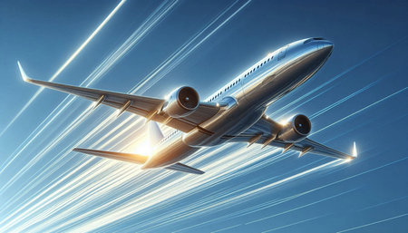 Airplane flying in the blue sky with rays of light. 3d rendering