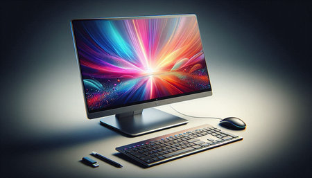 Desktop computer with mouse and keyboard on grey background. 3D rendering