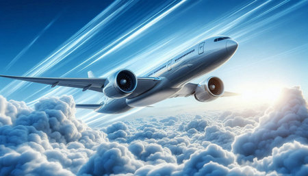 Airplane flying high in the blue sky. 3d rendering.
