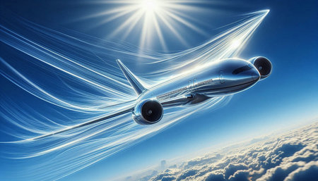 airplane flying in the blue sky. 3d render image.