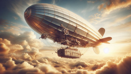 Airship in the sky with clouds. 3d render. Vintage style.の写真素材