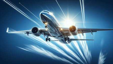 Airplane flying in the blue sky. 3d rendering image.