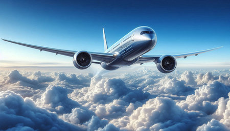 Commercial airplane flying above clouds. 3d render illustration with clipping path
