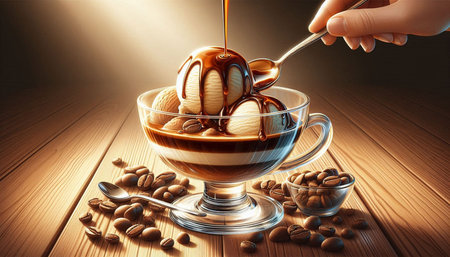 Cup of coffee with ice cream and caramel. 3d rendering