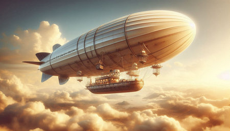 Airship flying high in the blue sky. 3d illustration.