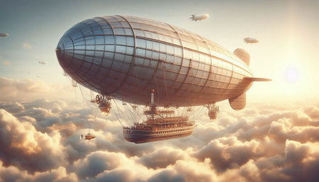 Airship flying above the clouds. 3d render illustration. Vintage style.