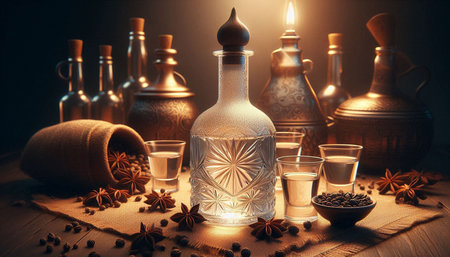 Vodka in a glass bottle with anise and coffee beans on a wooden table