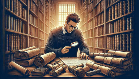 Handsome man with magnifying glass and books in the library