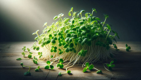 Microgreen sprouts on wooden background. Healthy food concept. Vegan, vegetarian, raw food.